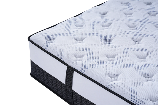Close-up of a modern mattress with textured white and grey quilted surface and black trim