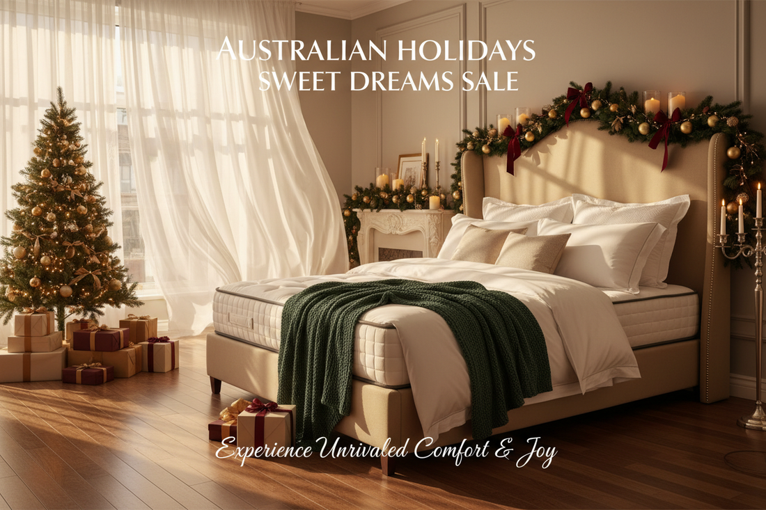 Holiday decorated bedroom with festive garland, Christmas tree, and luxury mattress on sale