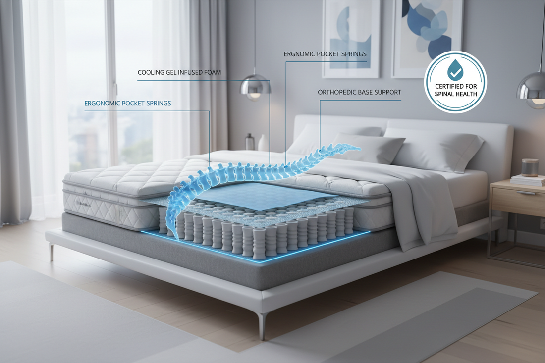 Cutaway view of ergonomic mattress with cooling gel foam, pocket springs, orthopedic support, and a spinal alignment diagram in a modern bedroom.