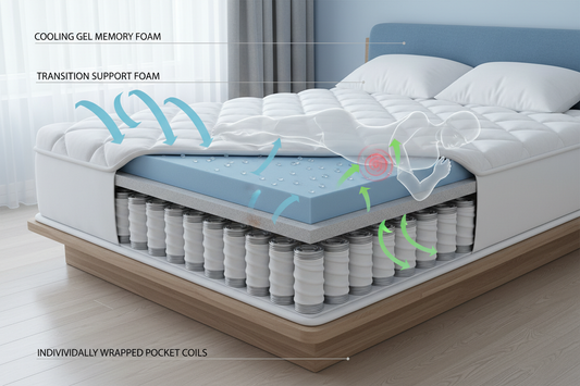 Diagram of hybrid mattress layers with cooling gel memory foam, support foam, pocket coils illustrating cooling and pressure relief