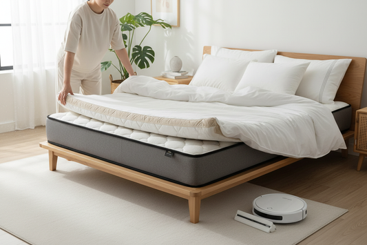 Person adjusting mattress topper on modern bed in bright bedroom with robot vacuum