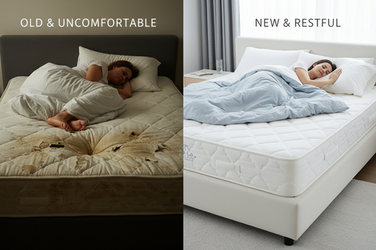 Split image showing a woman sleeping on an old, stained mattress versus a new, clean mattress for comfort comparison.