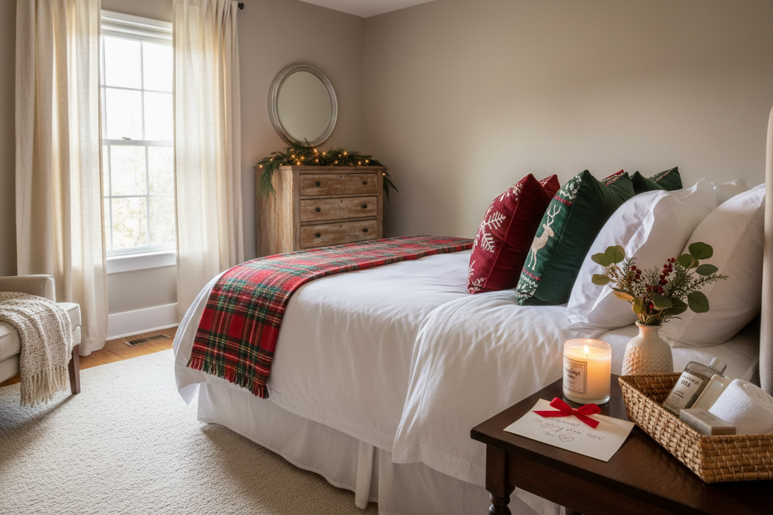Guest room holiday decor with white bed, red and green pillows, plaid throw, and festive dresser