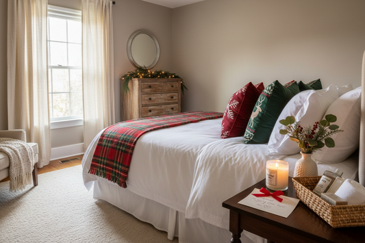 Guest room holiday decor with white bed, red and green pillows, plaid throw, and festive dresser