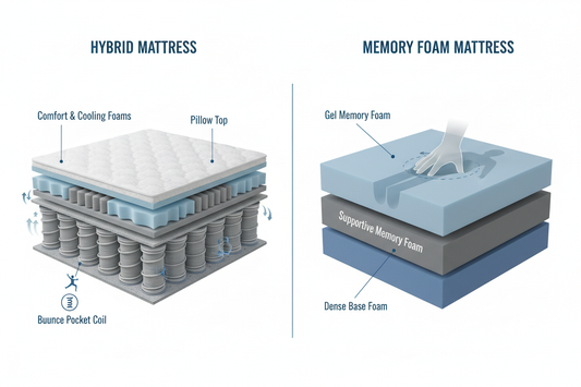 Diagram comparing hybrid mattress with pillow top and bounce pocket coil layers and memory foam mattress with gel memory foam and dense base foam