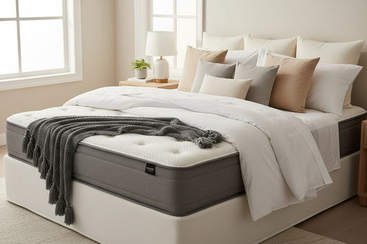 Modern bedroom with a plush mattress, bedding bundle, pillows, and cozy blanket