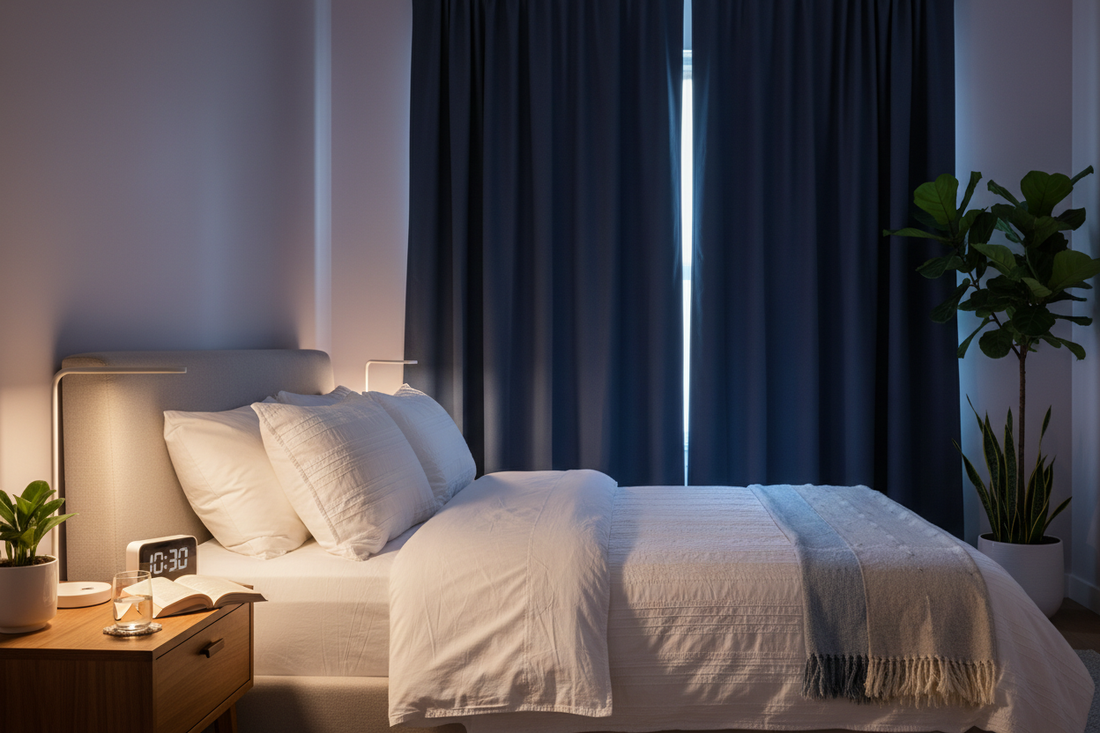 Modern bedroom with white bed, bedside table, indoor plants, and blackout curtains