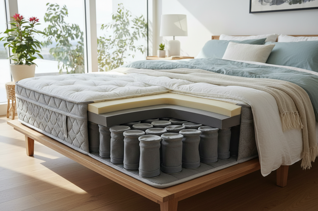 Hybrid mattress cutaway showing pocket springs and foam layers on a bed in a modern bedroom