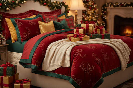Luxurious Christmas bedding set with red and gold pillows, festive decorations, and gift boxes on bed