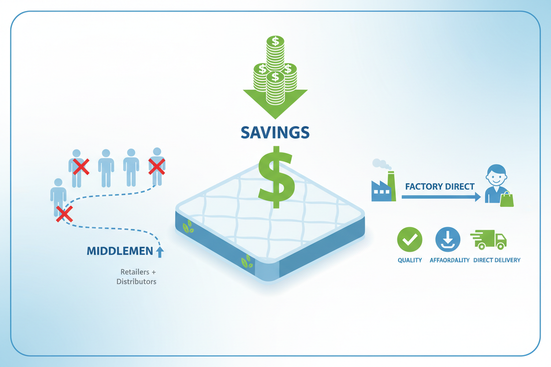 Factory direct mattress savings infographic, cutting out middlemen for affordable quality delivery