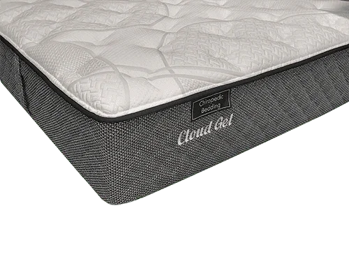 Corner view of a Cloud Gel mattress with quilted top and grey textured sides