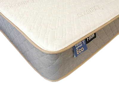 Firm eco posture support mattress with quilted top and corner fabric label, close-up view