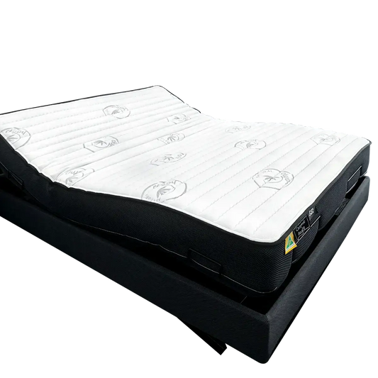 Adjustable Australian-made mattress on black bed base, factory-direct bedroom furniture