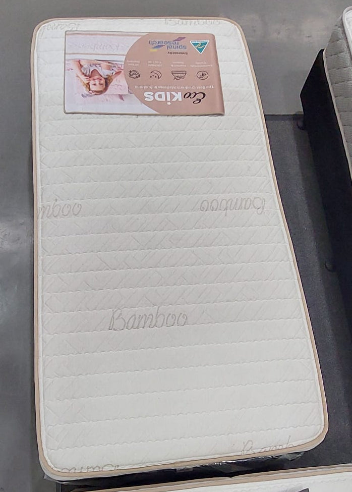Eco Kids bamboo single mattress with quilted cover on showroom floor