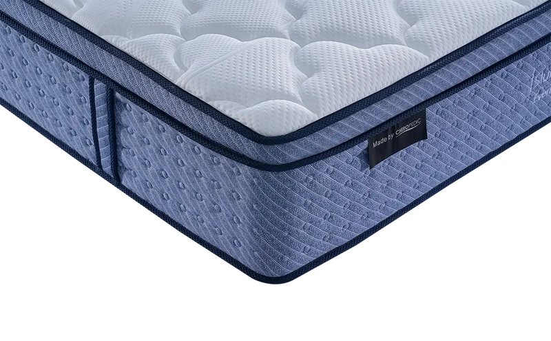 Close-up of a blue and white quilted mattress with textured sides and a label on the edge