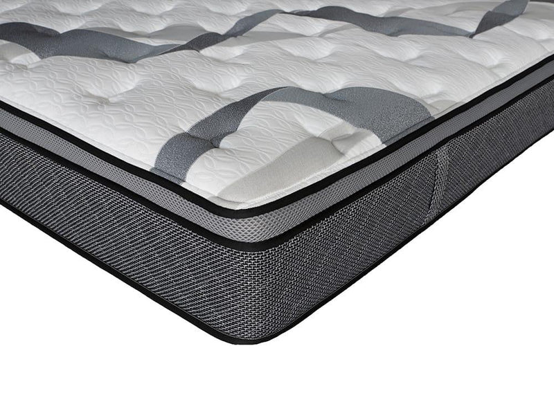 Close-up of a grey and white pocket spring mattress with quilted top and textured edge
