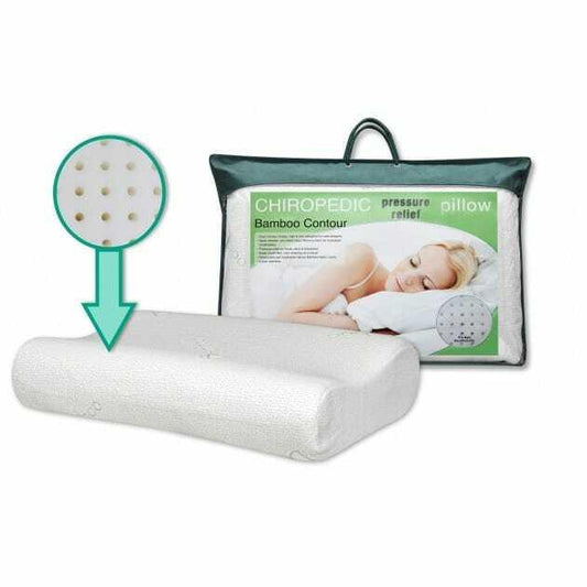 Contour bamboo pillow with latex core, packaging shown with sleeping woman and product label.