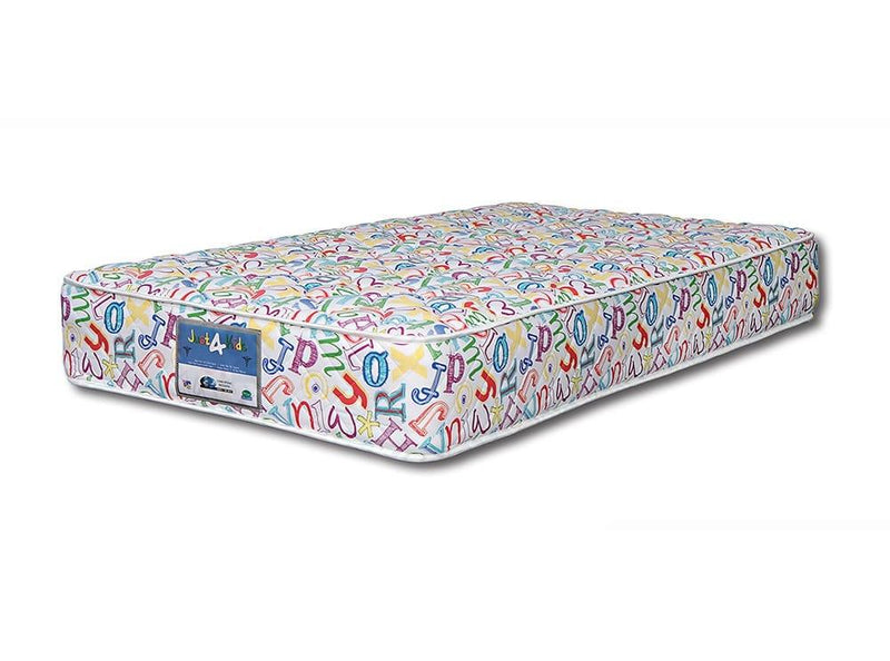 Kids mattress with colorful alphabet pattern, single size bedding on white background