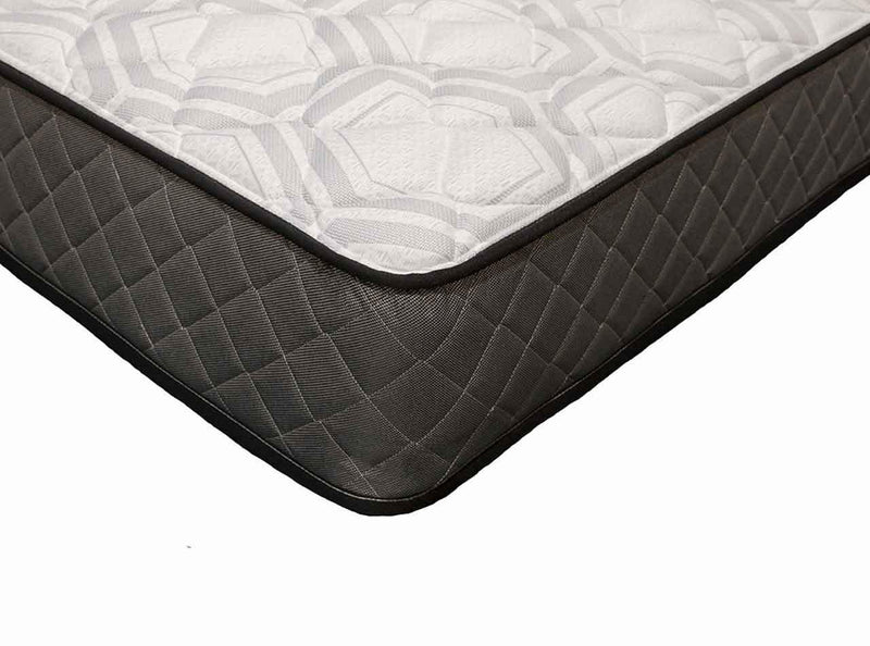 Close-up of a modern mattress corner with quilted fabric and textured top panel